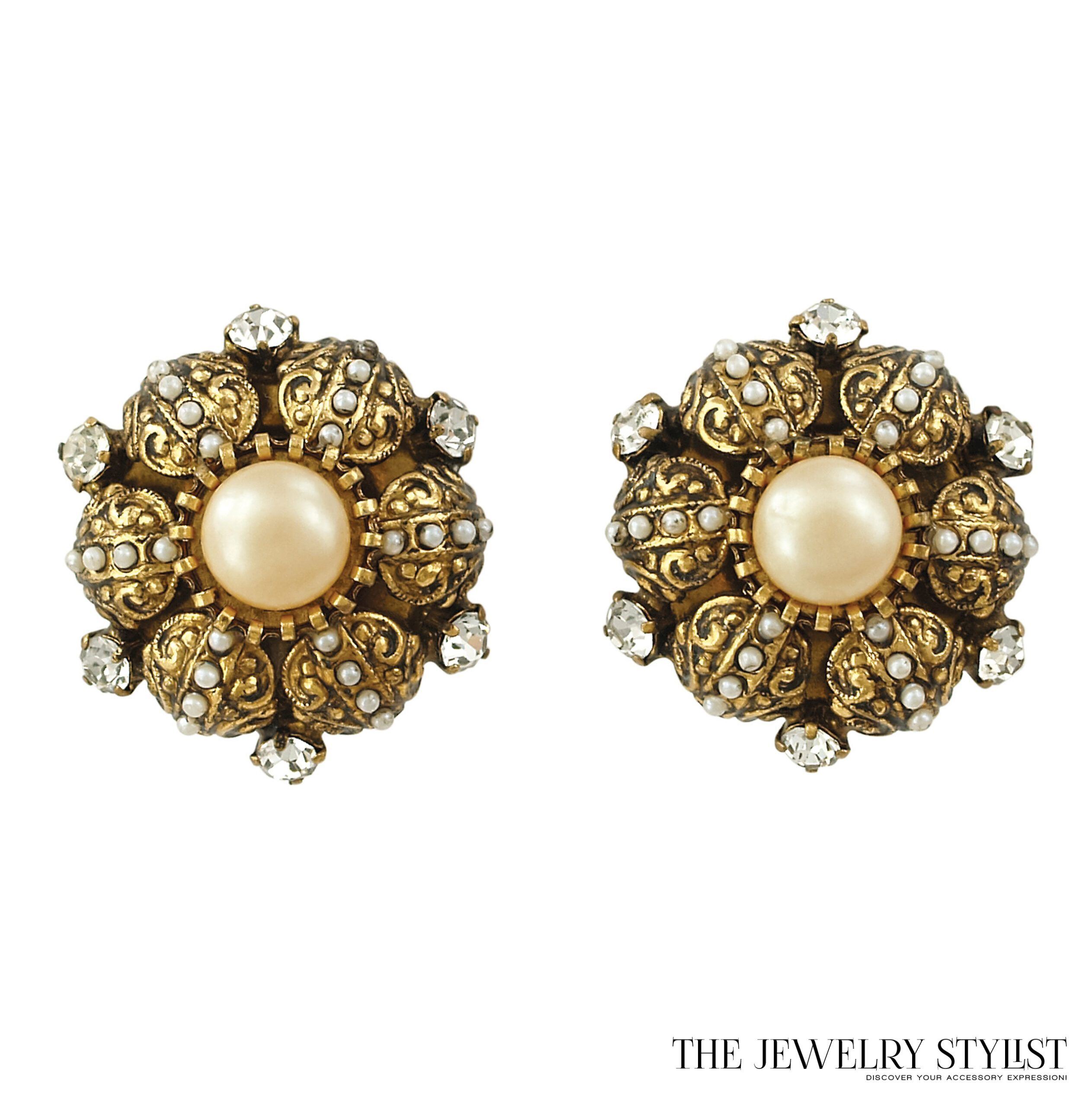 Toledo Style Earrings with Large Center Faux Pearl, Gold-Tone Filigree, Black and Rhinestones