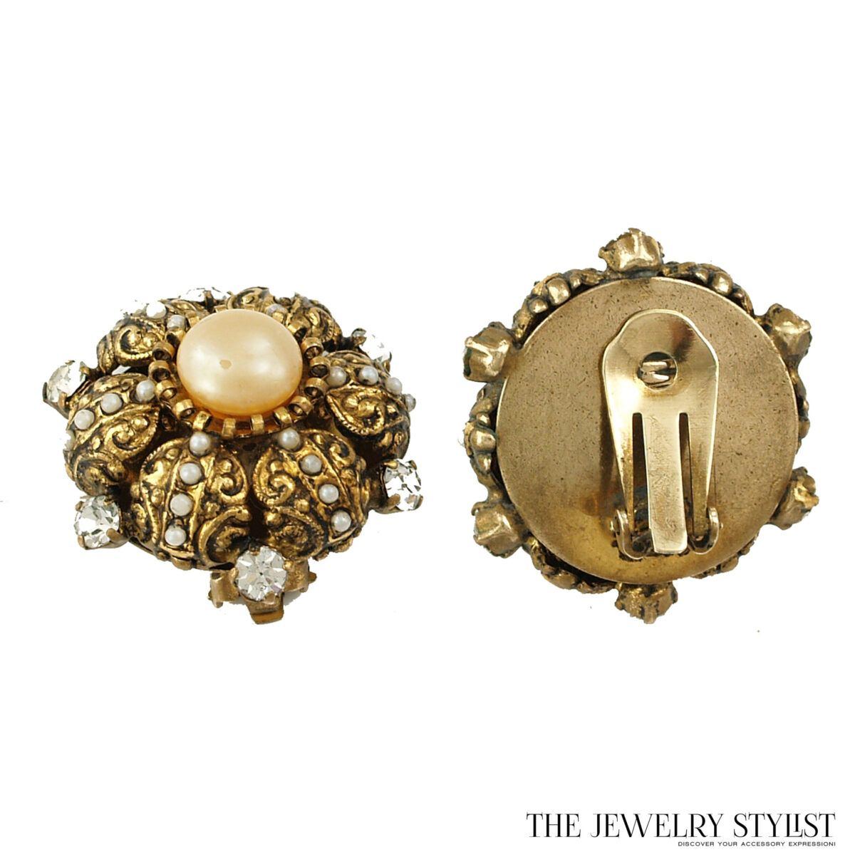 Toledo-style earrings with large center faux pearl.