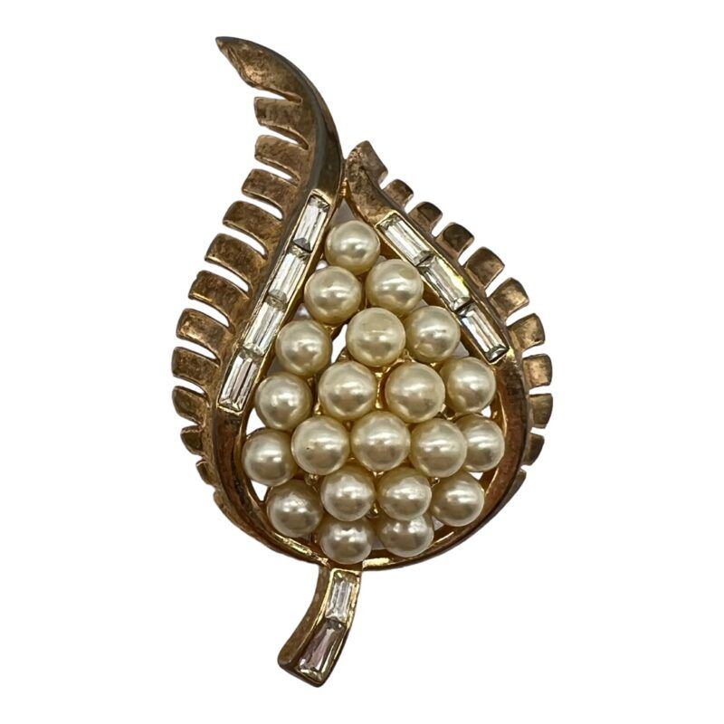 Trifari Leaf Brooch with Faux Pearls and Rhinestone Baguettes