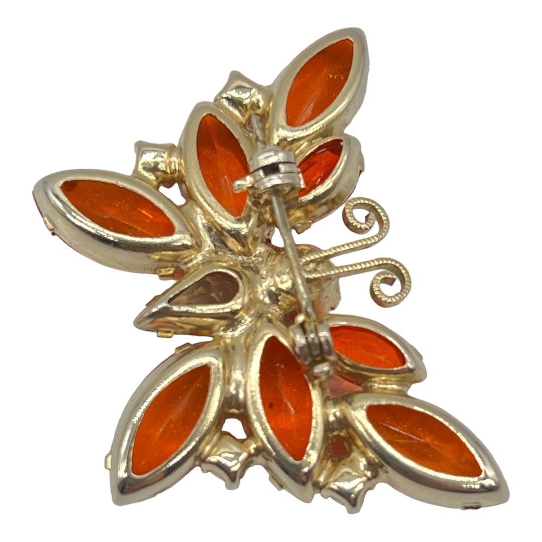 Vintage Orange Rhinestone Butterfly Pin back