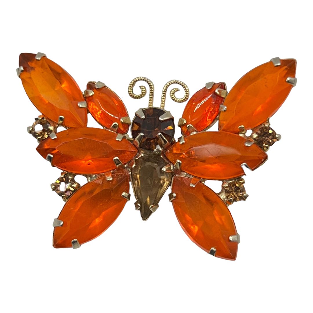 Vintage Orange Rhinestone Butterfly Pin