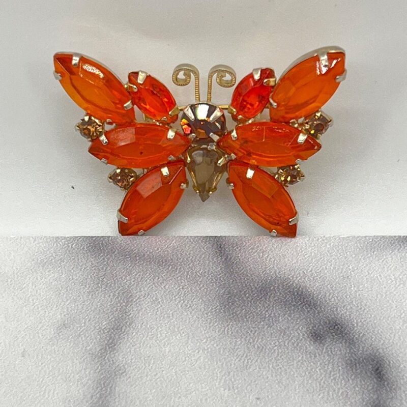 Vintage Orange Rhinestone Butterfly Pin
