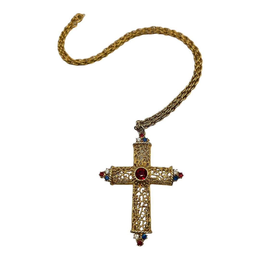 Vintage Rhinestone Cross Pendant Necklace