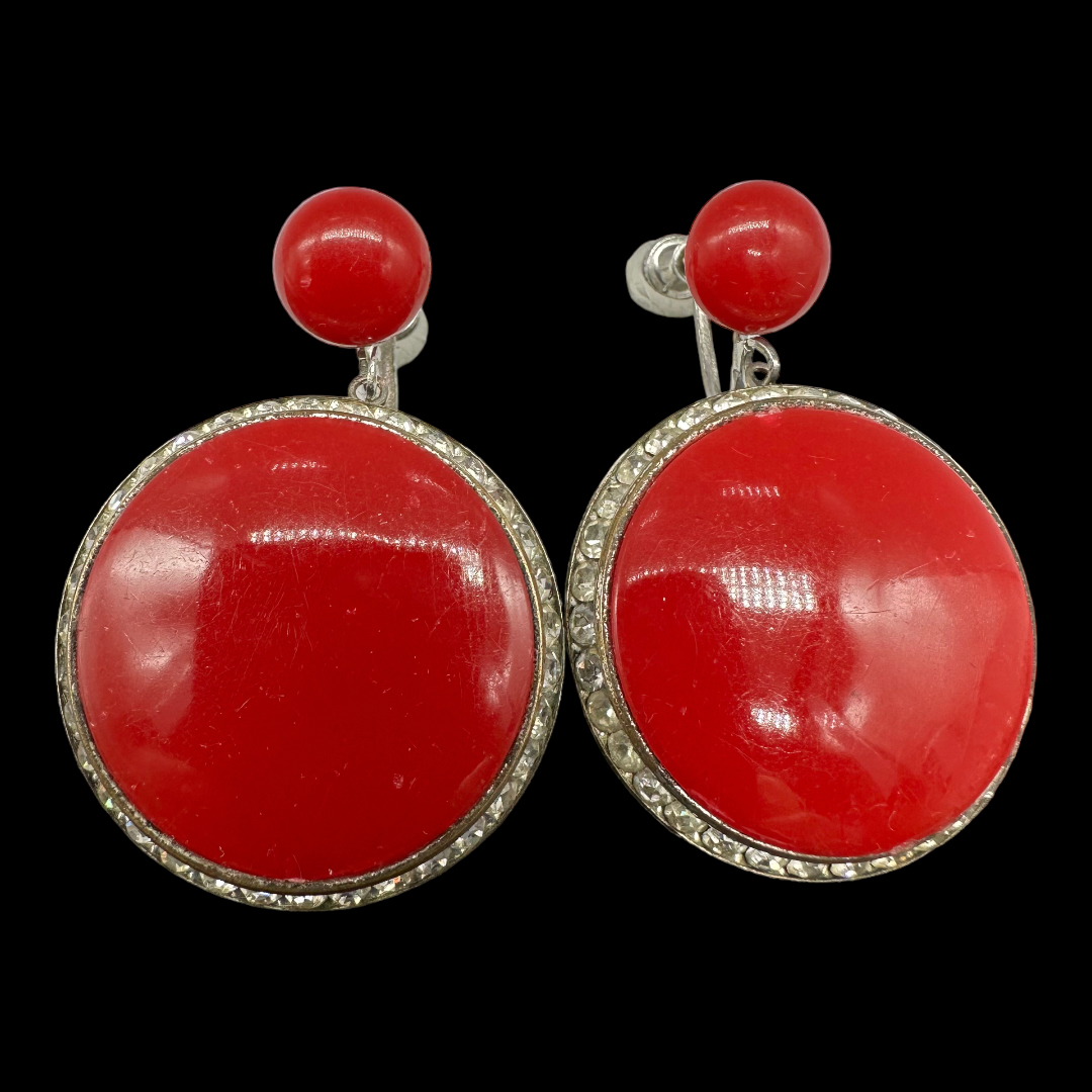 Vintage 1950s Red Resin and Rhinestone Pendant Earrings