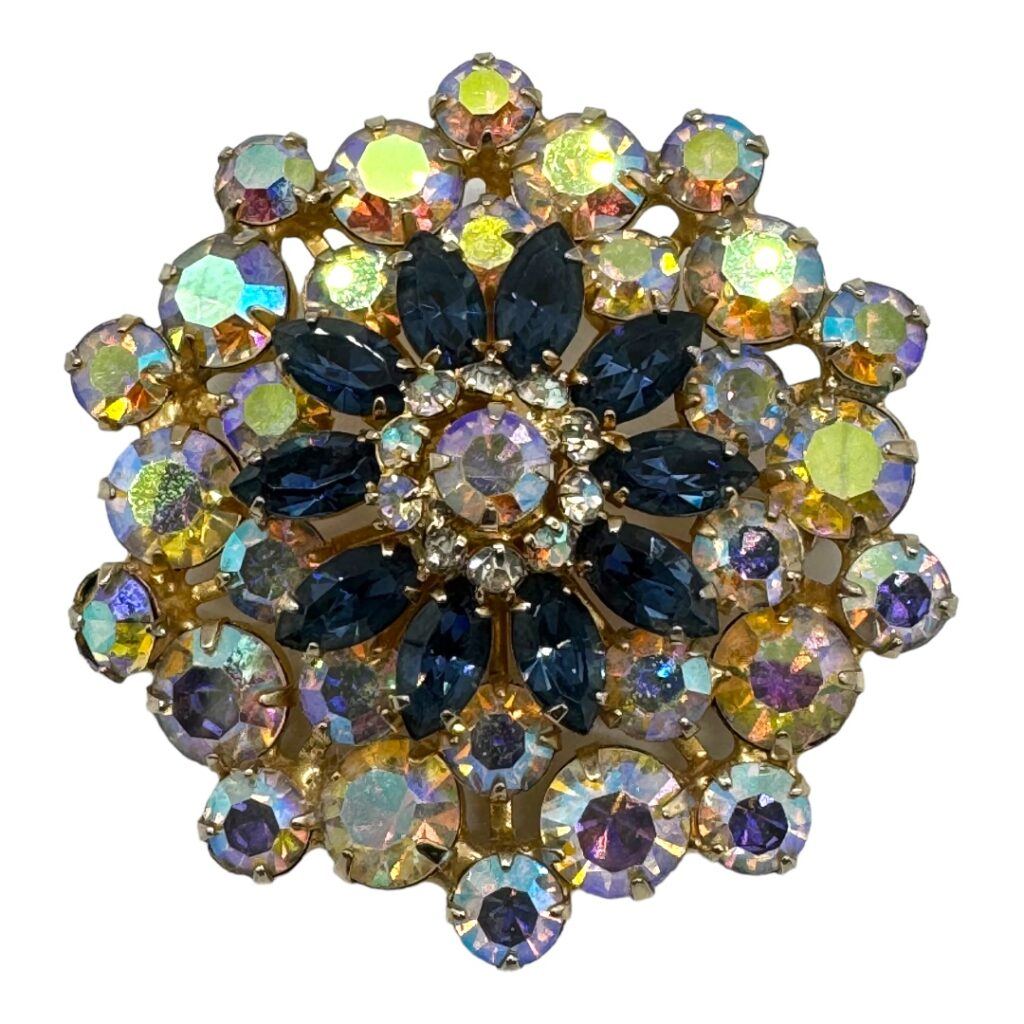 Broche feuille dorée vintage de l'Allemagne de l'Ouest avec strass aurora boréale - France