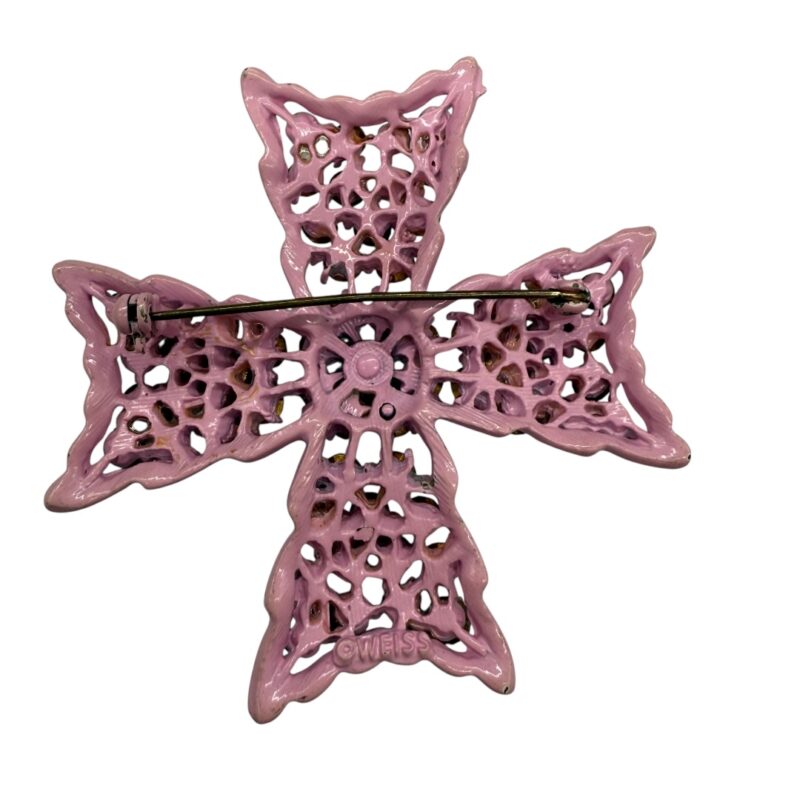Vintage Weiss Pink Enamel and Rhinestone Brooch