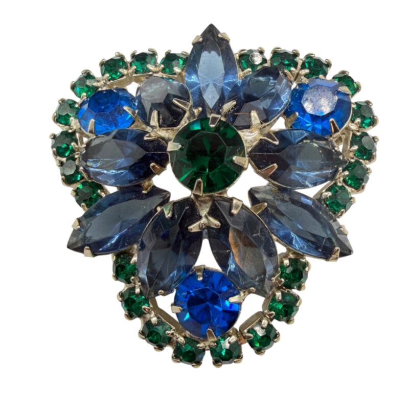 Blue and Green Triangular-Shape Rhinestone Brooch