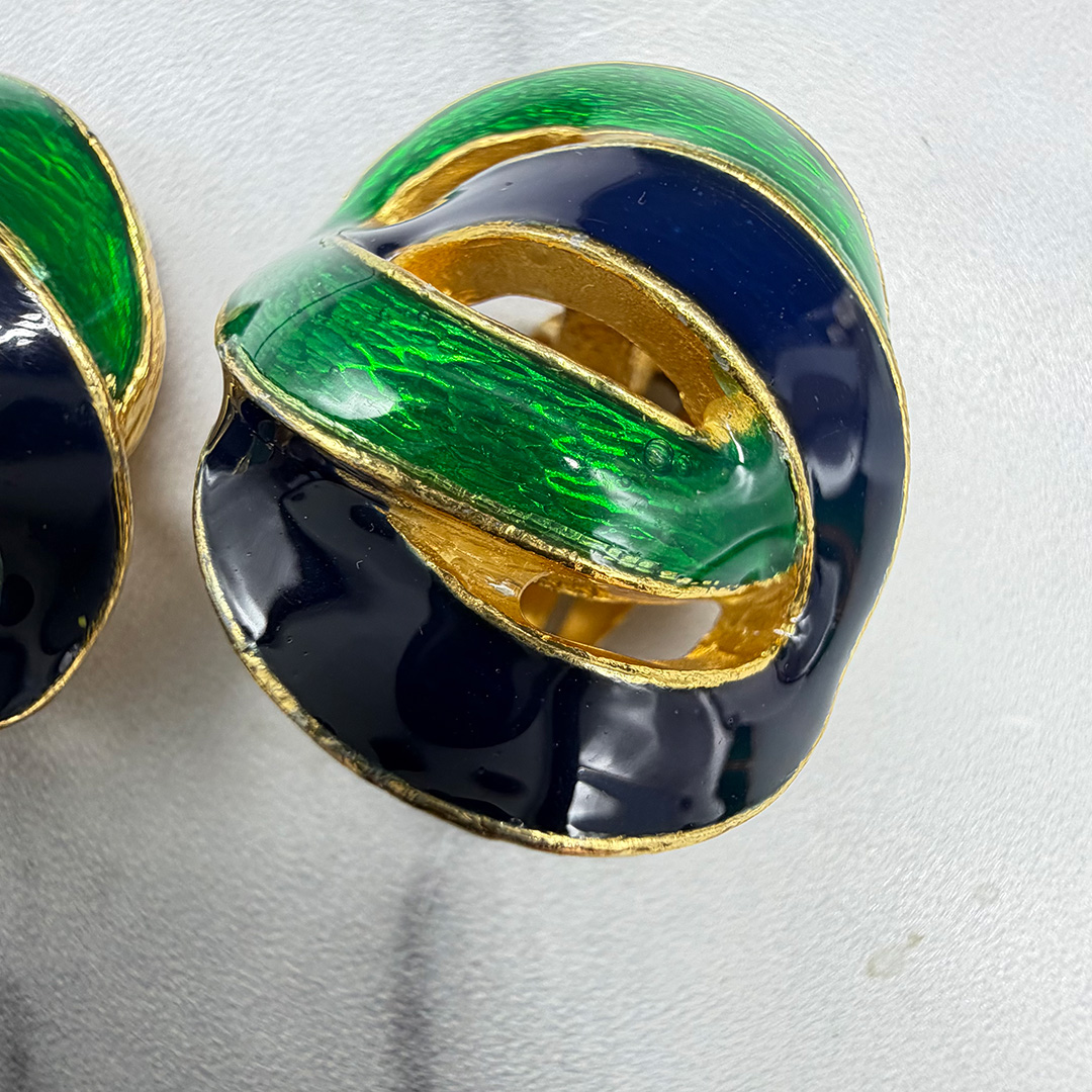 David Hill enamel earrings clear enamel close-up.