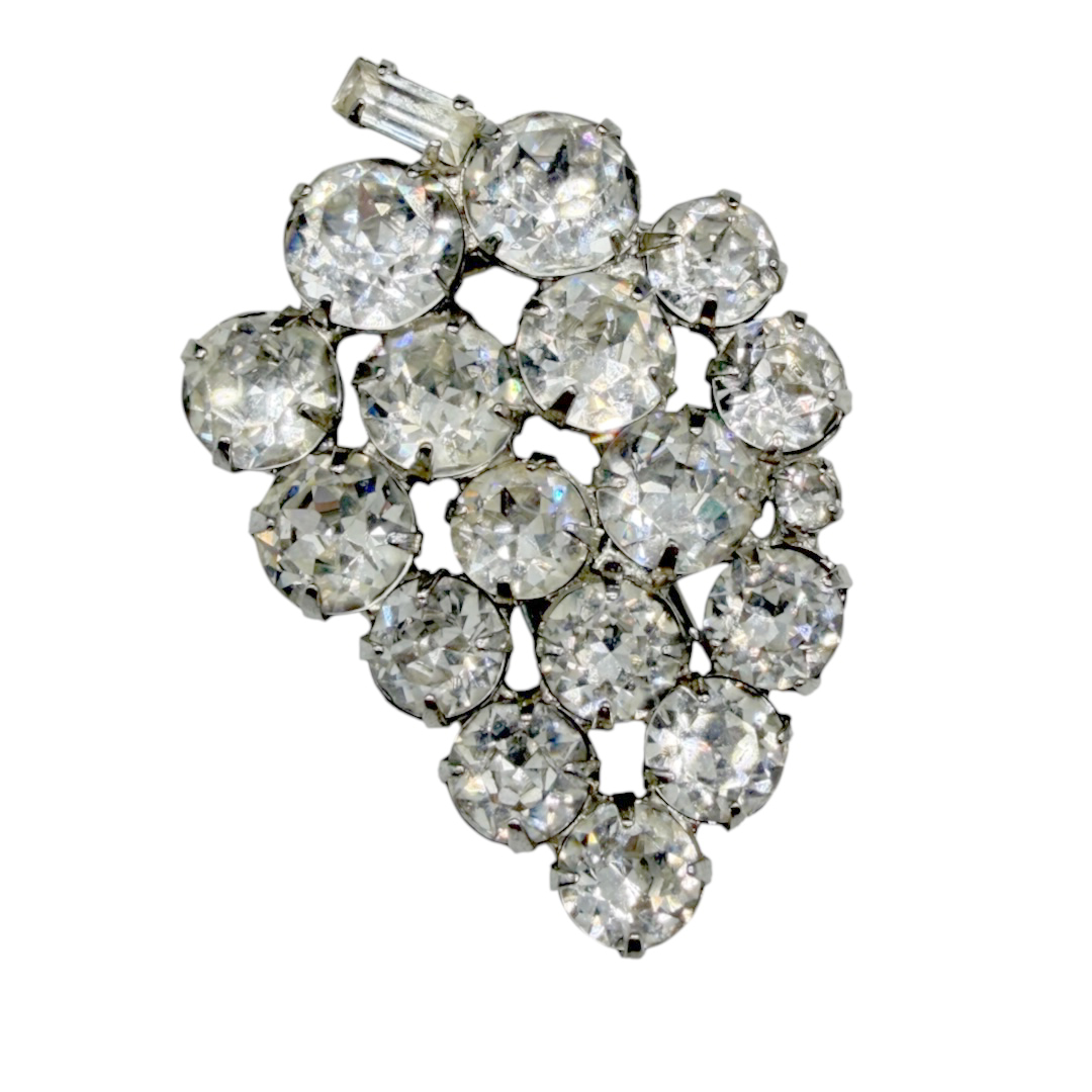 Unsigned grape motif clear rhinestone fur clip.