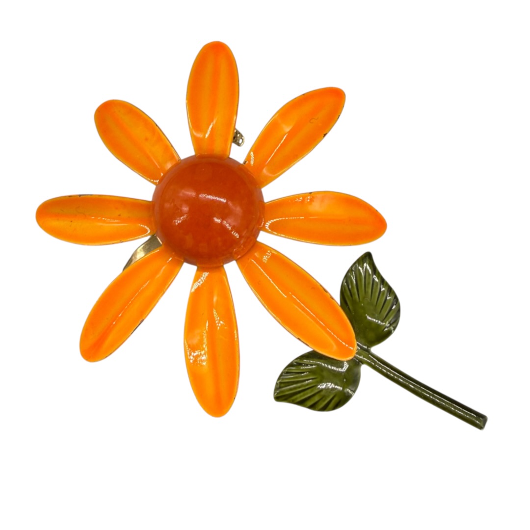 Unsigned 1960s orange enamel flower brooch.