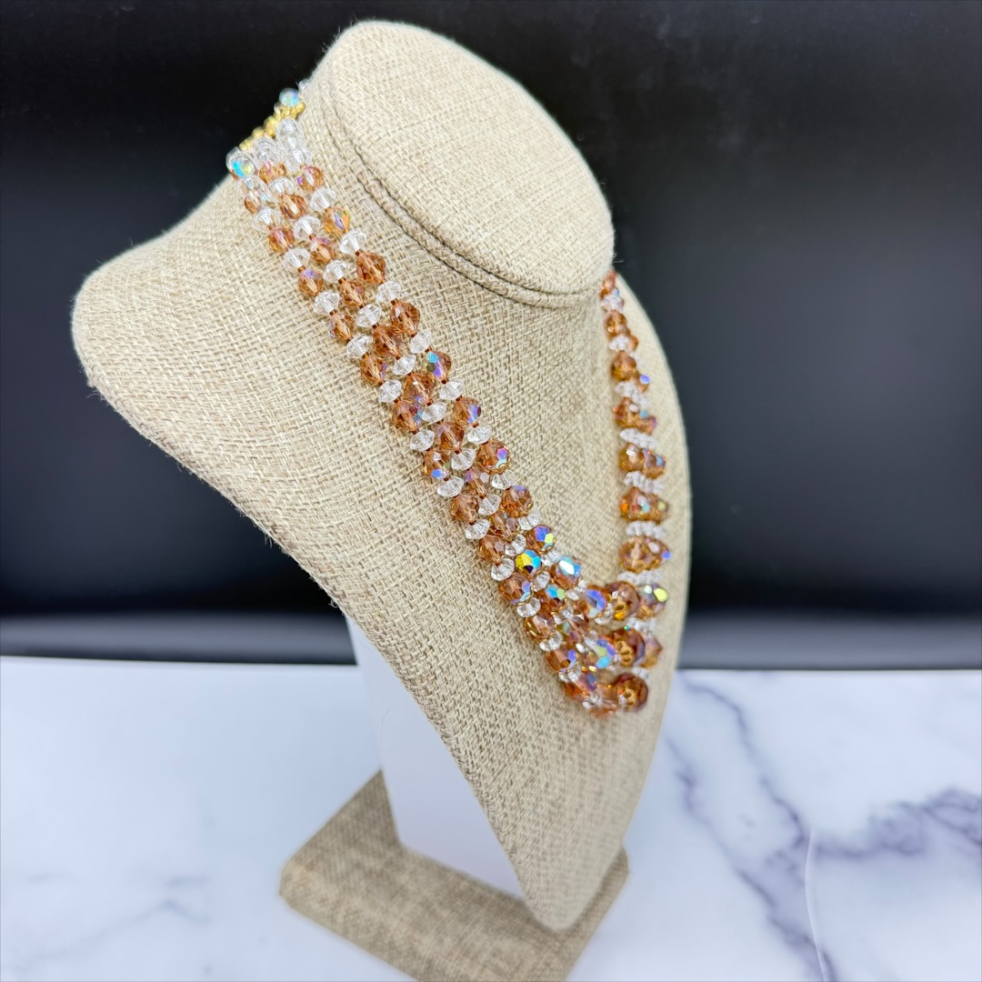 Vintage 1950s multi-strand crystal necklace side.