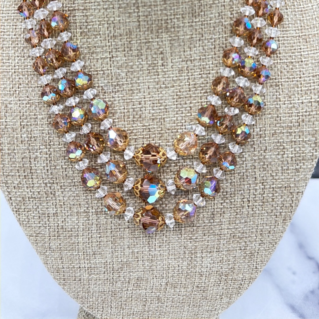 Vintage 1950s multi-strand crystal necklace up close.