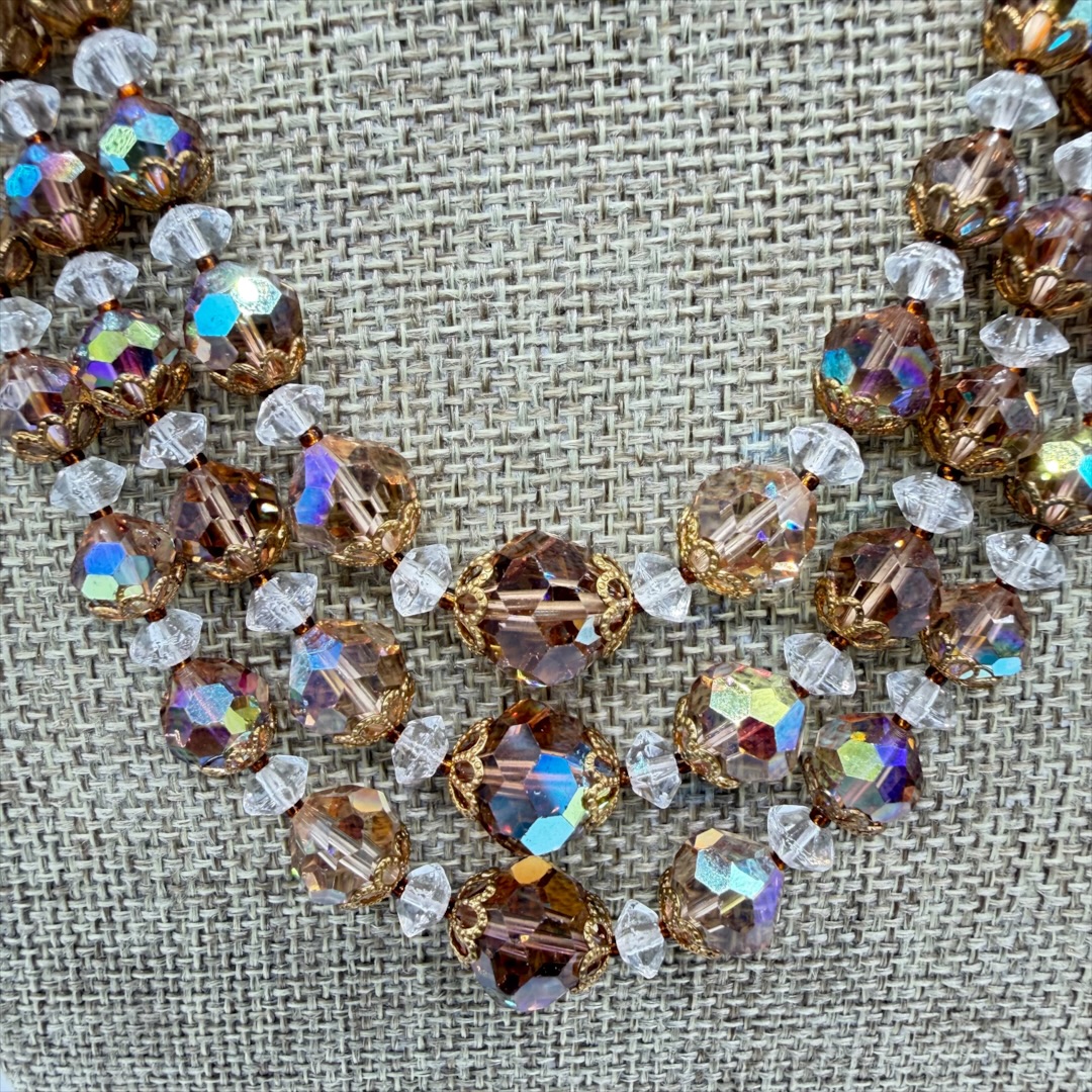 Vintage 1950s multi-strand crystal necklace up close.