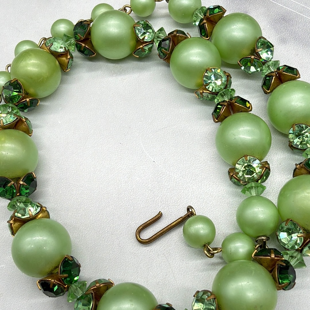 Vintage 1950s Uranium Glass Rhinestone & Green Faux Pearl Collar Necklace