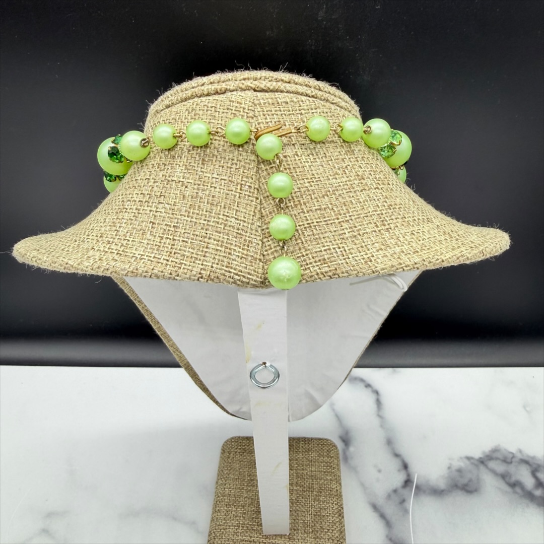 Vintage 1950s Uranium Glass Rhinestone & Green Faux Pearl Collar Necklace back.