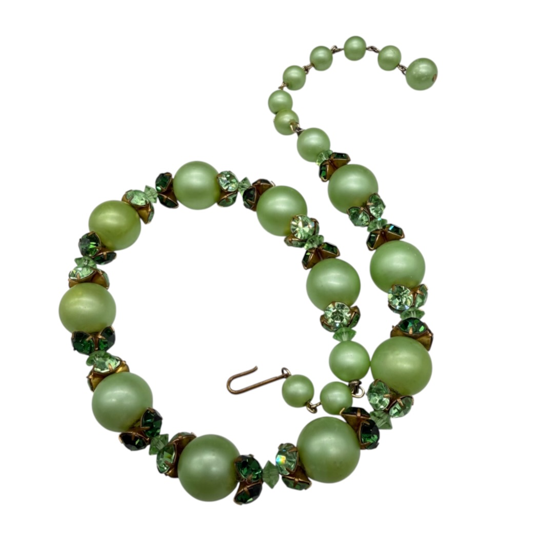 Vintage 1950s Uranium Glass Rhinestone & Green Faux Pearl Collar Necklace