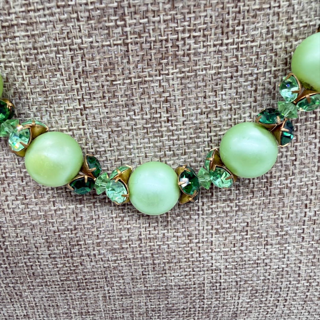 Vintage 1950s Uranium Glass Rhinestone & Green Faux Pearl Collar Necklace up close.