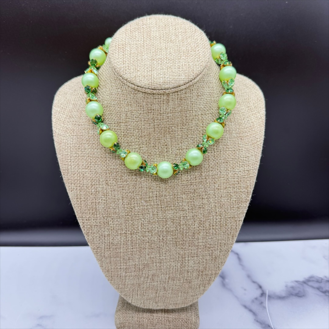 Vintage 1950s Uranium Glass Rhinestone & Green Faux Pearl Collar Necklace