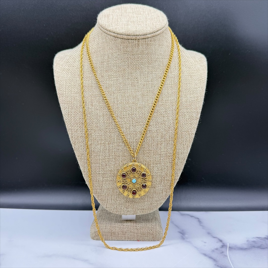 Vintage 1960s Goldette faux garnet and turquoise locket necklace.